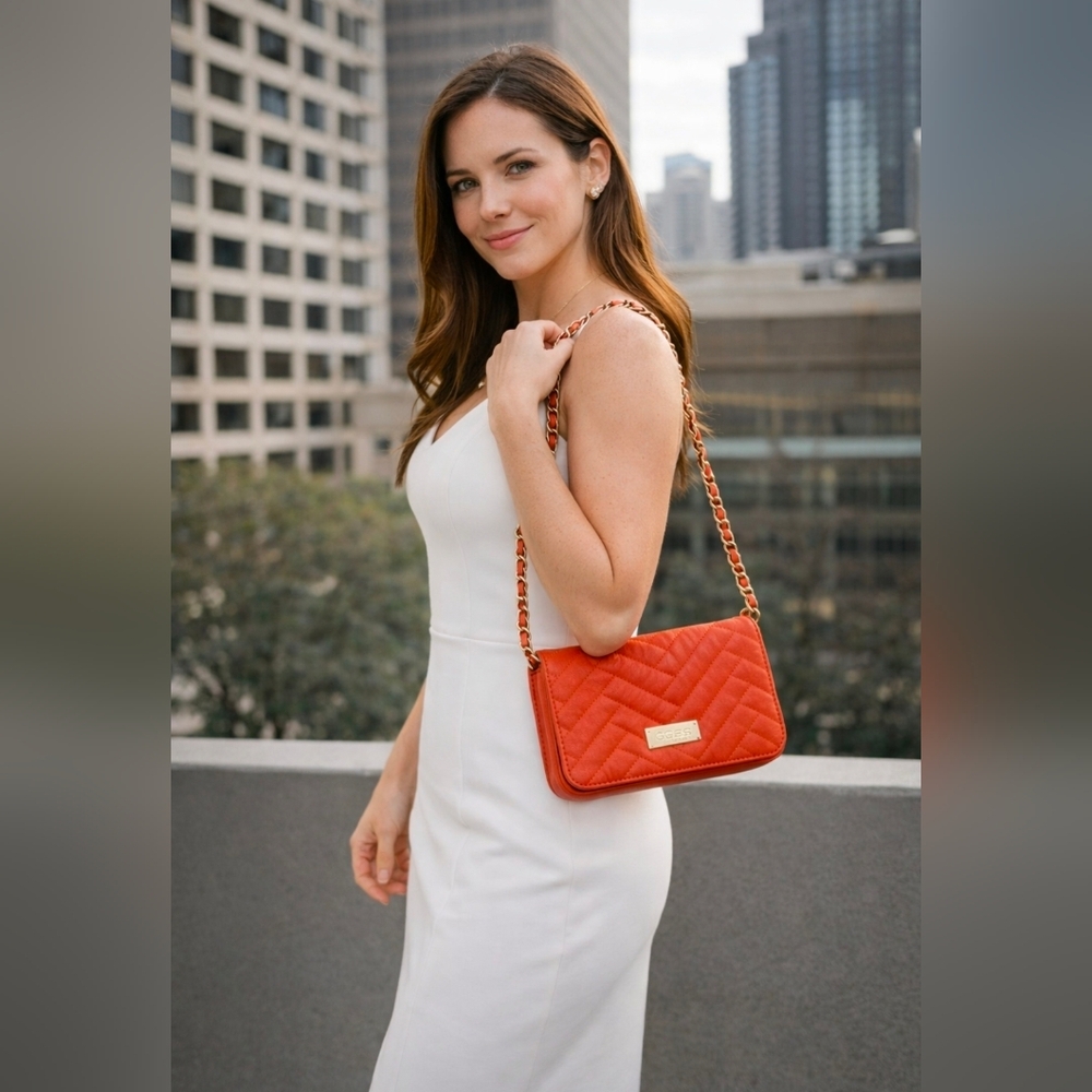 Bebe crossbody purse orange gold chain summer  *